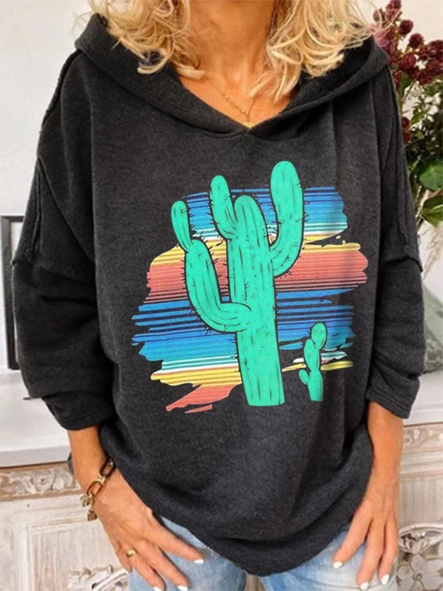 Vintage Cactus Print Comfy Loose Hoodie