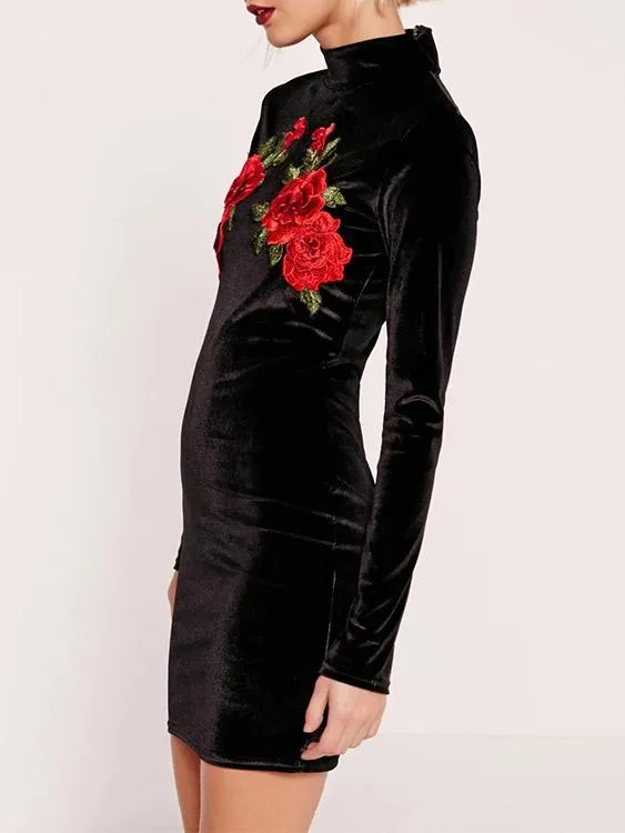 Wholesale Black Perkins Collar Long Sleeve Embroidered Zip Back Dresses