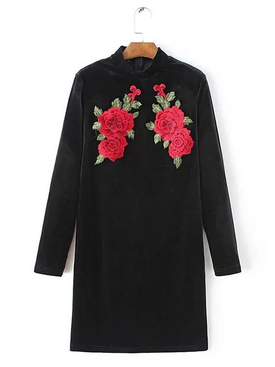 Wholesale Black Perkins Collar Long Sleeve Embroidered Zip Back Dresses