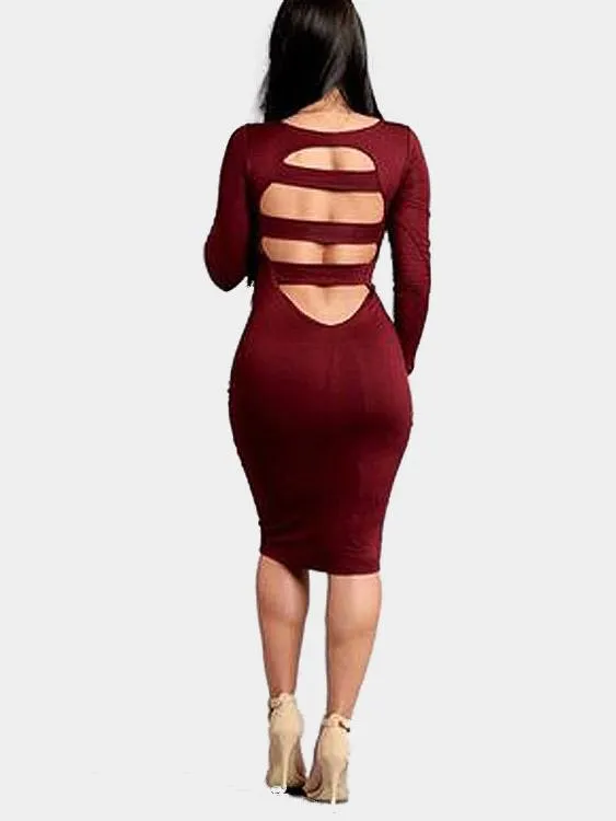 Wholesale Burgundy Round Neck Long Sleeve Backless Bodycon Hem Dresses