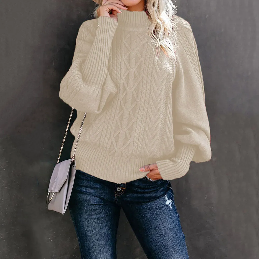 Winter Mid-neck Women's Loose Pullover Long-sleeved Knitted Solid Color Sweater