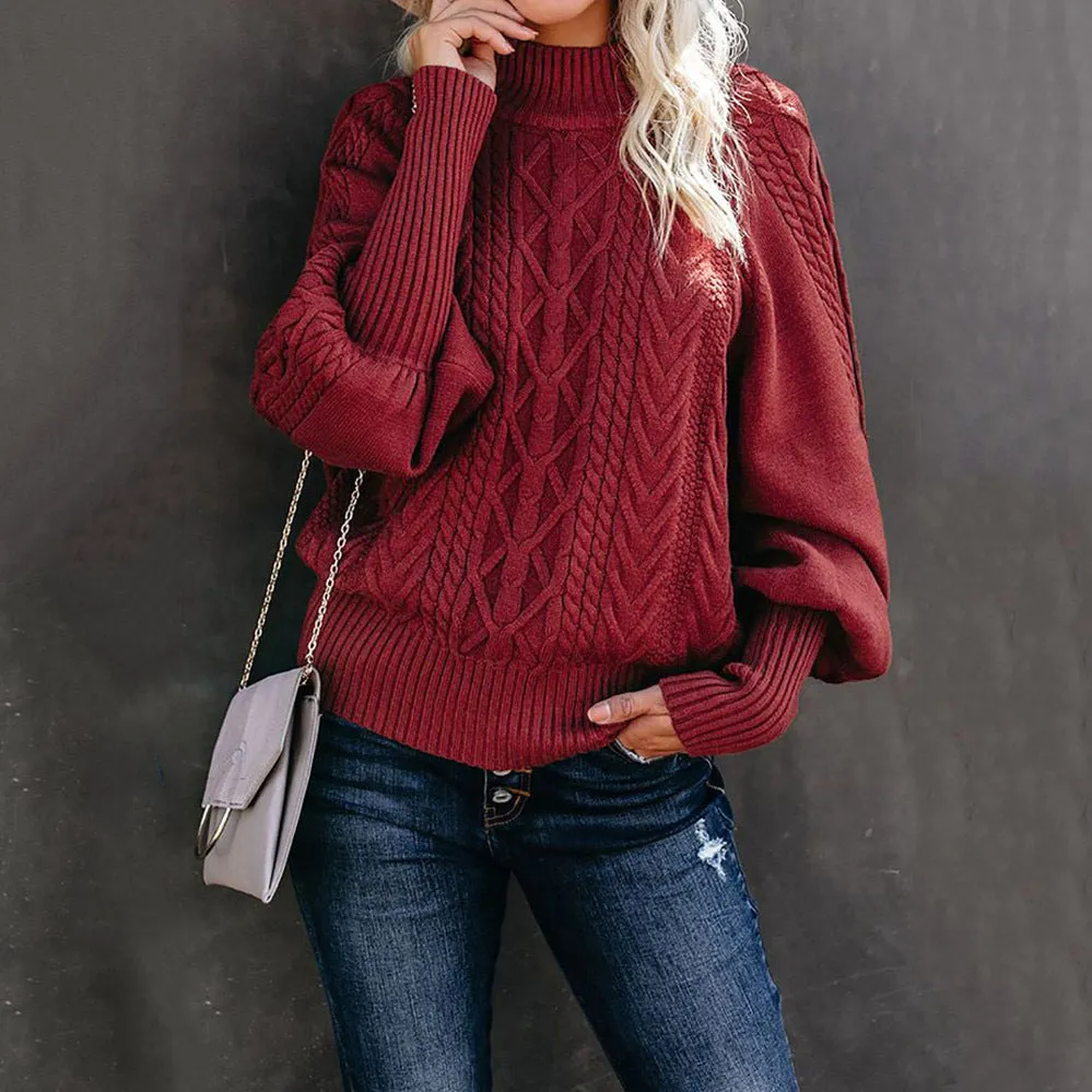 Winter Mid-neck Women's Loose Pullover Long-sleeved Knitted Solid Color Sweater