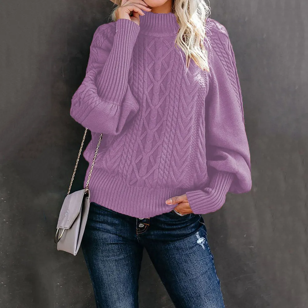 Winter Mid-neck Women's Loose Pullover Long-sleeved Knitted Solid Color Sweater