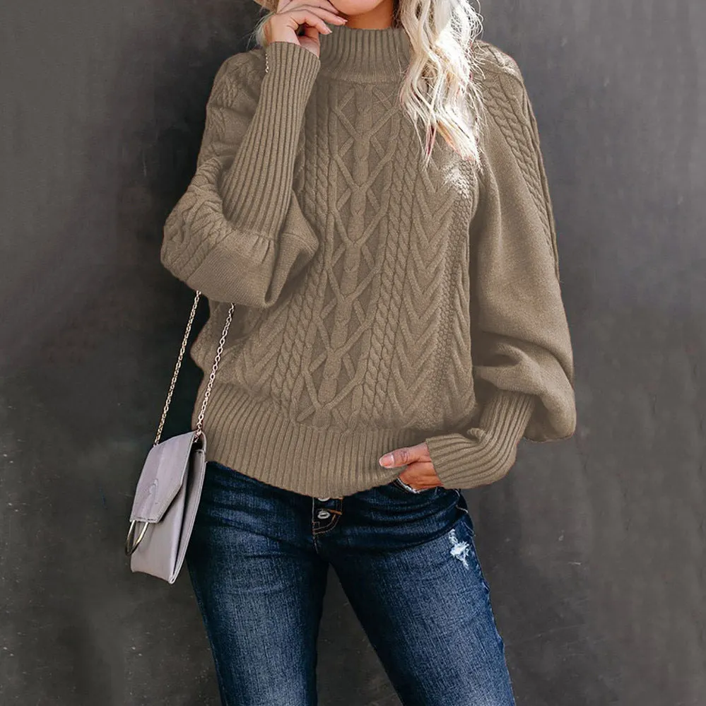 Winter Mid-neck Women's Loose Pullover Long-sleeved Knitted Solid Color Sweater