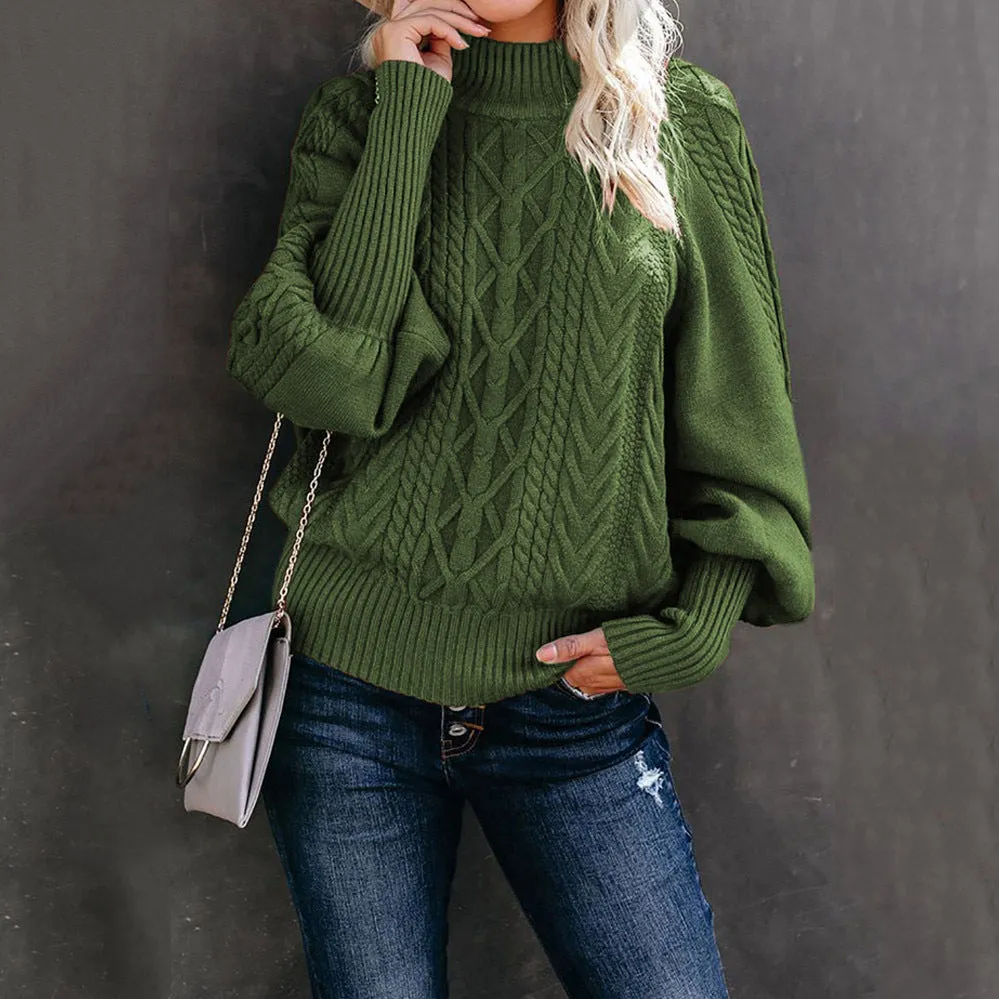 Winter Mid-neck Women's Loose Pullover Long-sleeved Knitted Solid Color Sweater