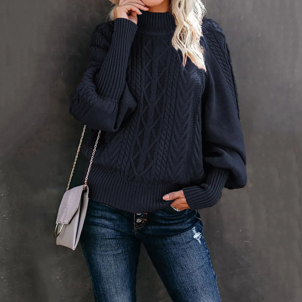 Winter Mid-neck Women's Loose Pullover Long-sleeved Knitted Solid Color Sweater