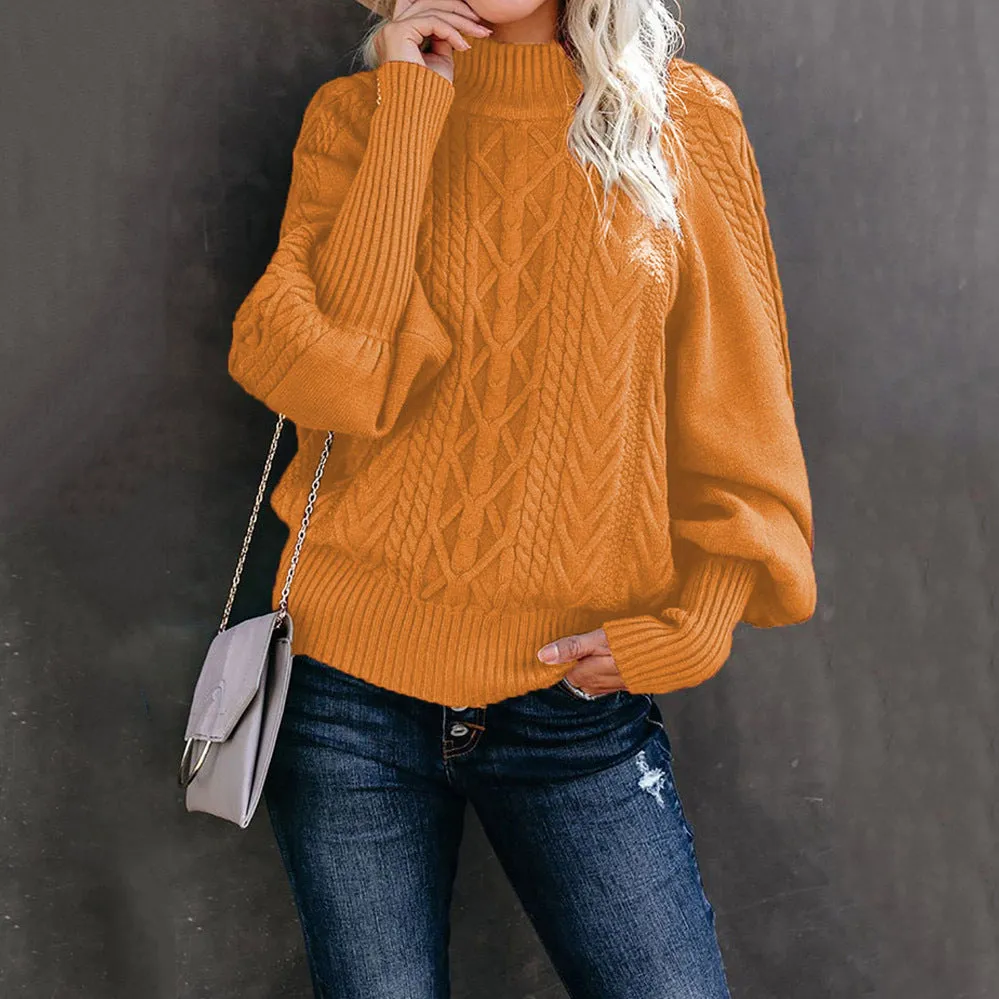 Winter Mid-neck Women's Loose Pullover Long-sleeved Knitted Solid Color Sweater