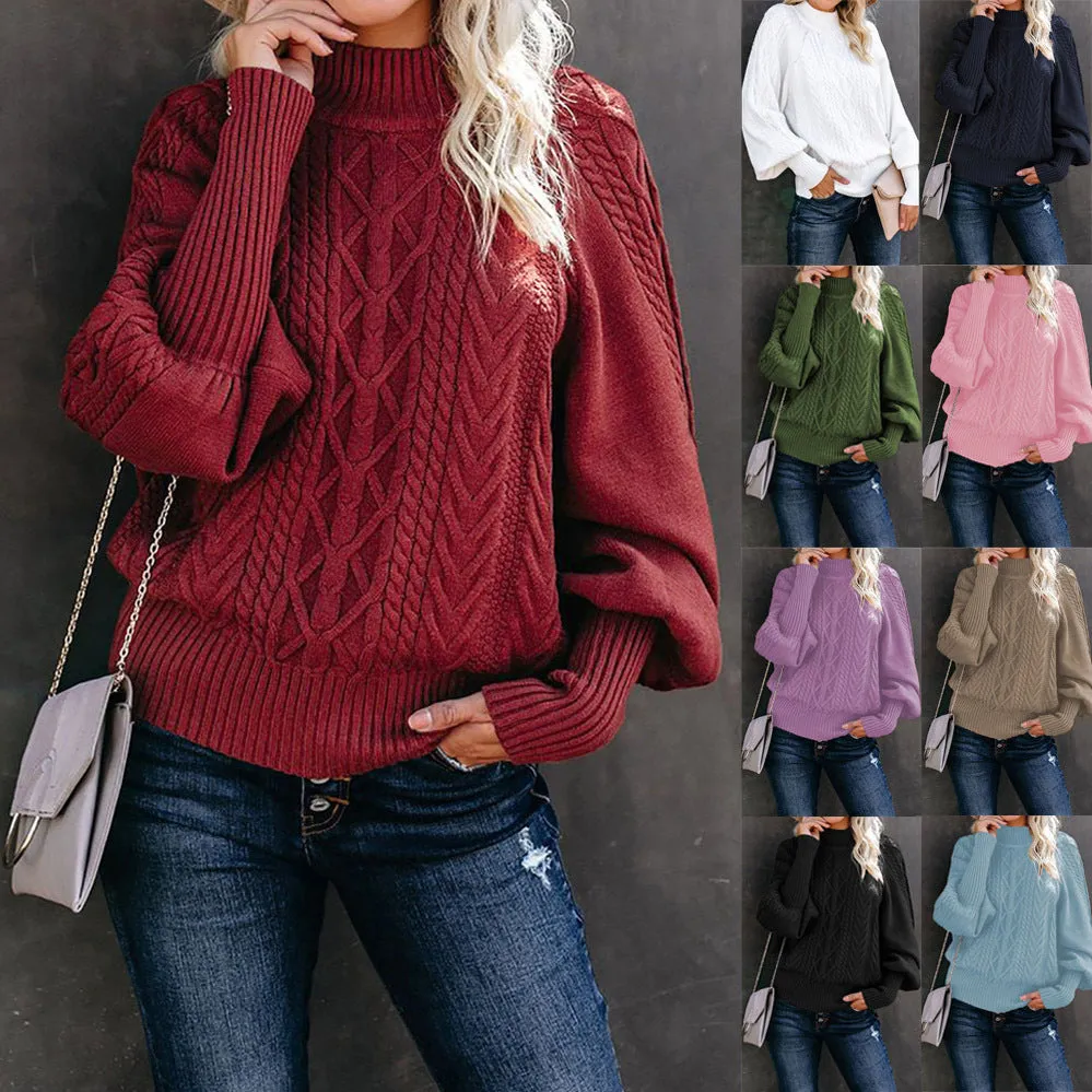 Winter Mid-neck Women's Loose Pullover Long-sleeved Knitted Solid Color Sweater