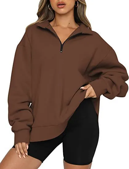 Women Sweatshirts Zip Turndown Collar Loose Casual Tops