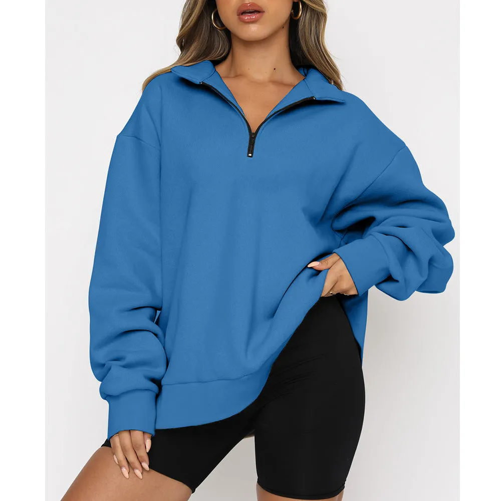 Women Sweatshirts Zip Turndown Collar Loose Casual Tops