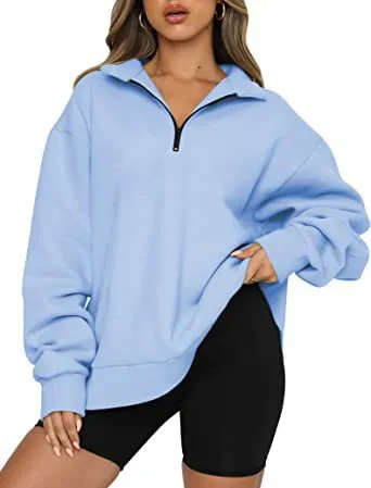 Women Sweatshirts Zip Turndown Collar Loose Casual Tops