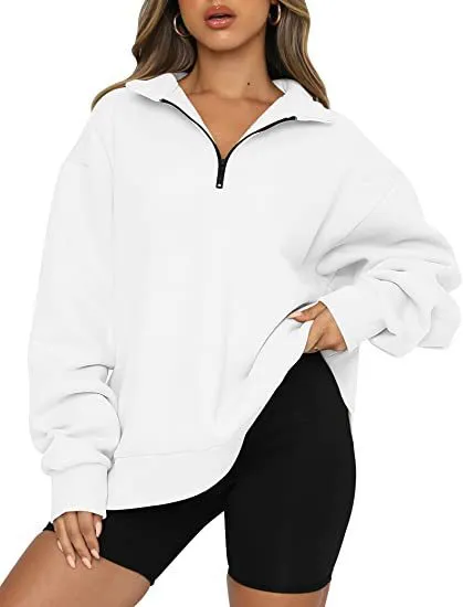 Women Sweatshirts Zip Turndown Collar Loose Casual Tops