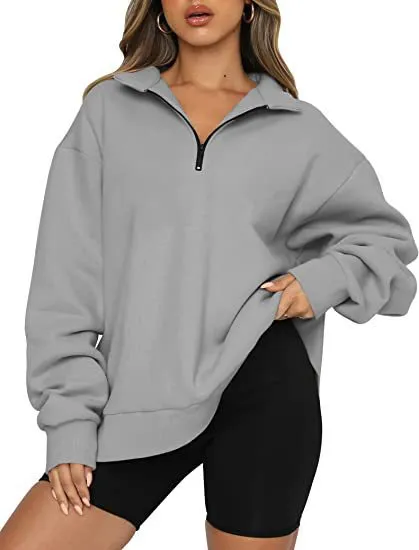 Women Sweatshirts Zip Turndown Collar Loose Casual Tops