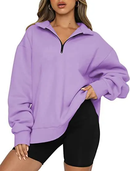 Women Sweatshirts Zip Turndown Collar Loose Casual Tops