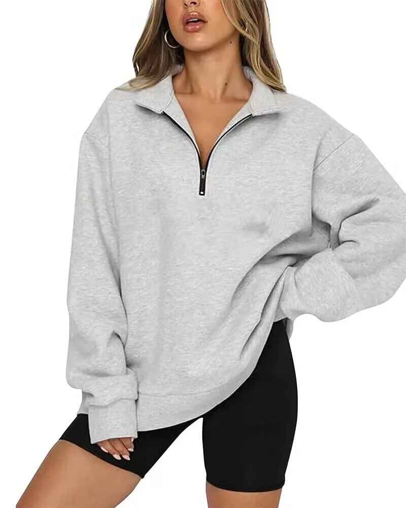 Women Sweatshirts Zip Turndown Collar Loose Casual Tops