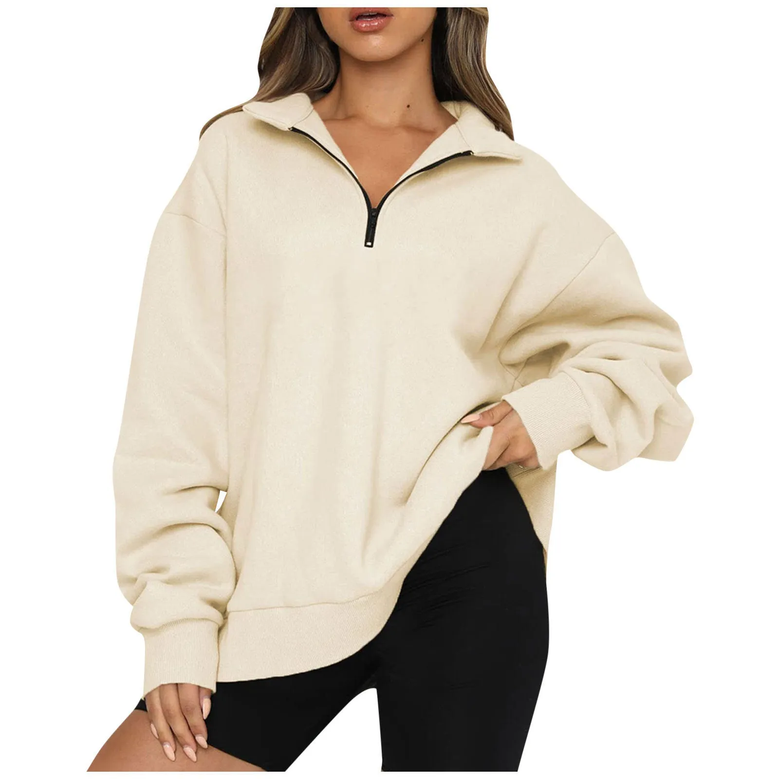 Women Sweatshirts Zip Turndown Collar Loose Casual Tops