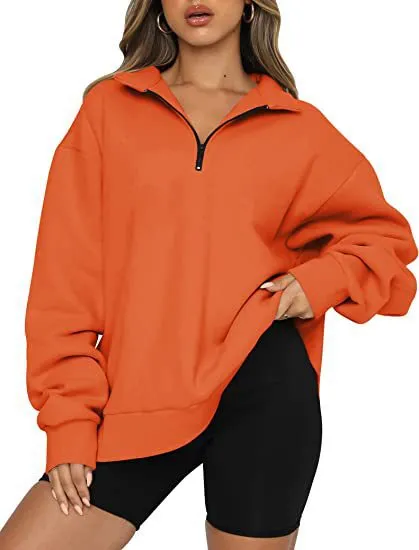 Women Sweatshirts Zip Turndown Collar Loose Casual Tops