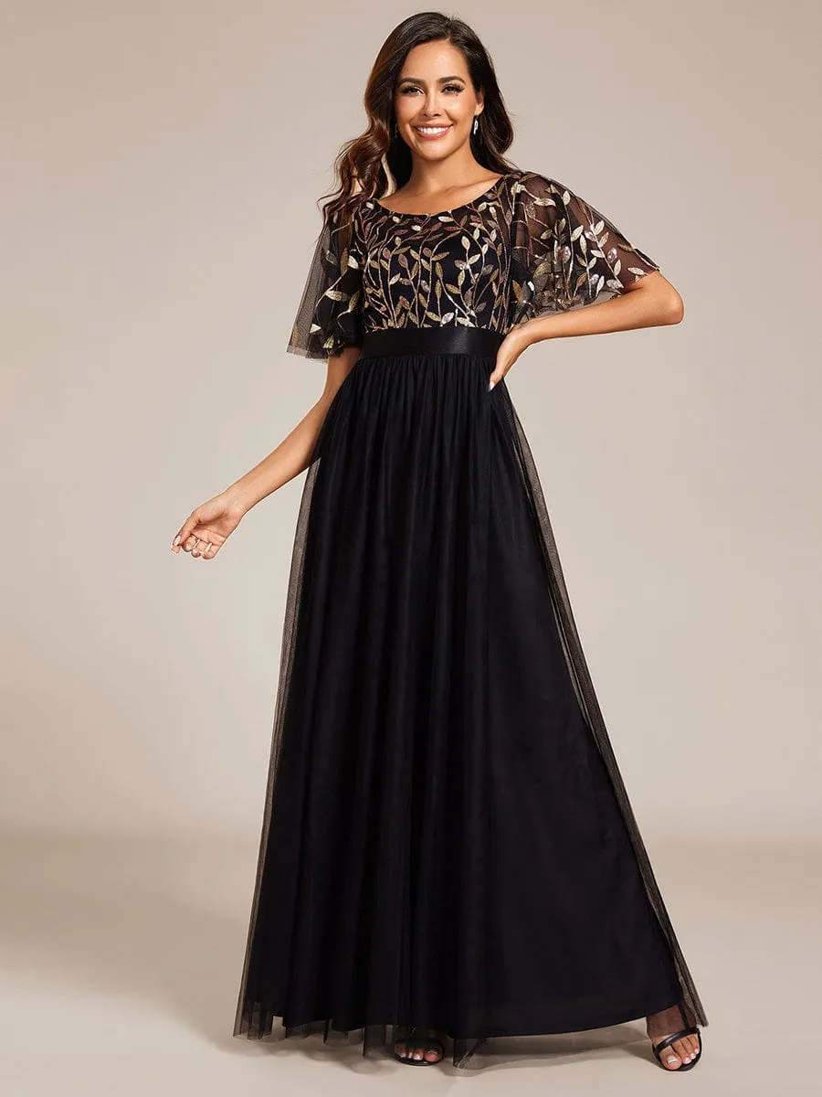 Women's A-Line Short Sleeve Embroidery Floor Length Evening Dresses