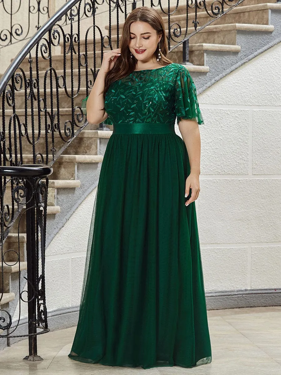 Women's A-Line Short Sleeve Embroidery Floor Length Evening Dresses