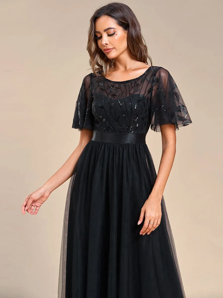 Women's A-Line Short Sleeve Embroidery Floor Length Evening Dresses