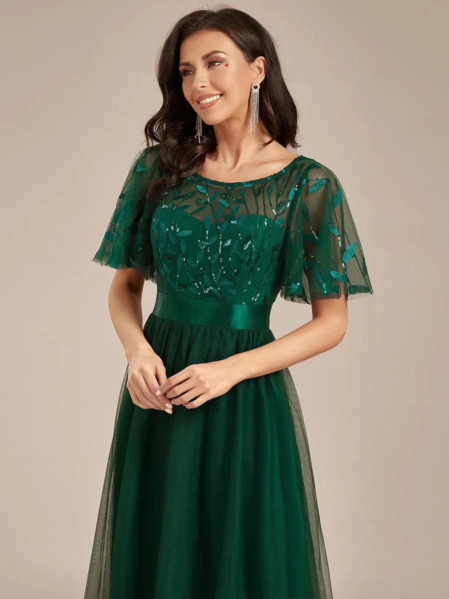 Women's A-Line Short Sleeve Embroidery Floor Length Evening Dresses