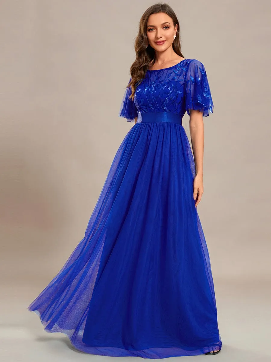 Women's A-Line Short Sleeve Embroidery Floor Length Evening Dresses