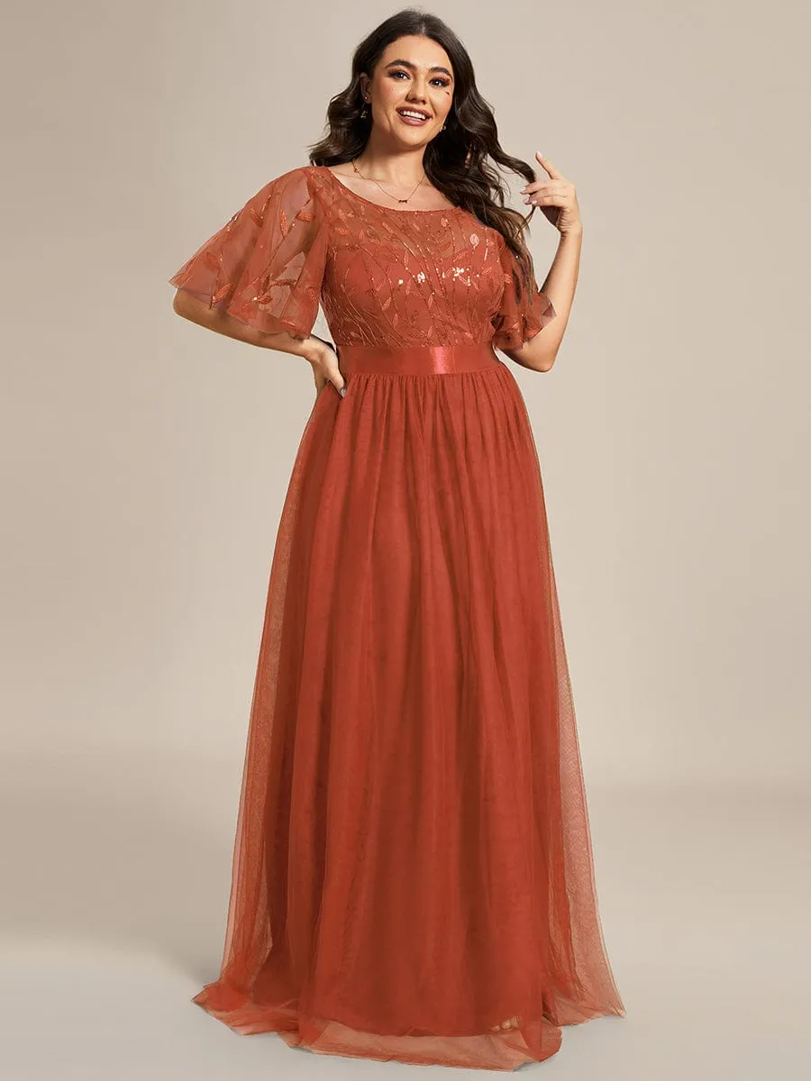 Women's A-Line Short Sleeve Embroidery Floor Length Evening Dresses