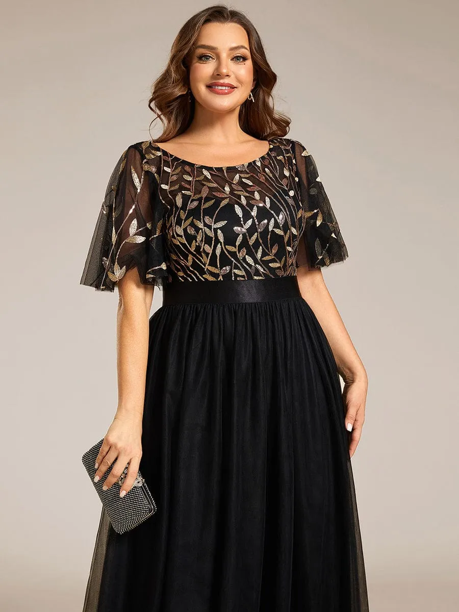 Women's A-Line Short Sleeve Embroidery Floor Length Evening Dresses