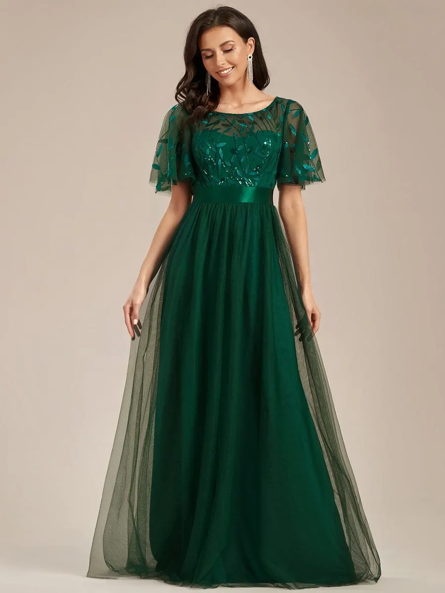 Women's A-Line Short Sleeve Embroidery Floor Length Evening Dresses