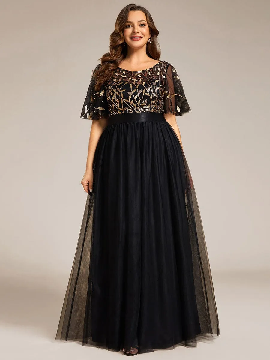 Women's A-Line Short Sleeve Embroidery Floor Length Evening Dresses