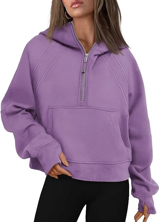 Women's Clothes Sports Half Zipper Hooded Sweatshirt Sweaters