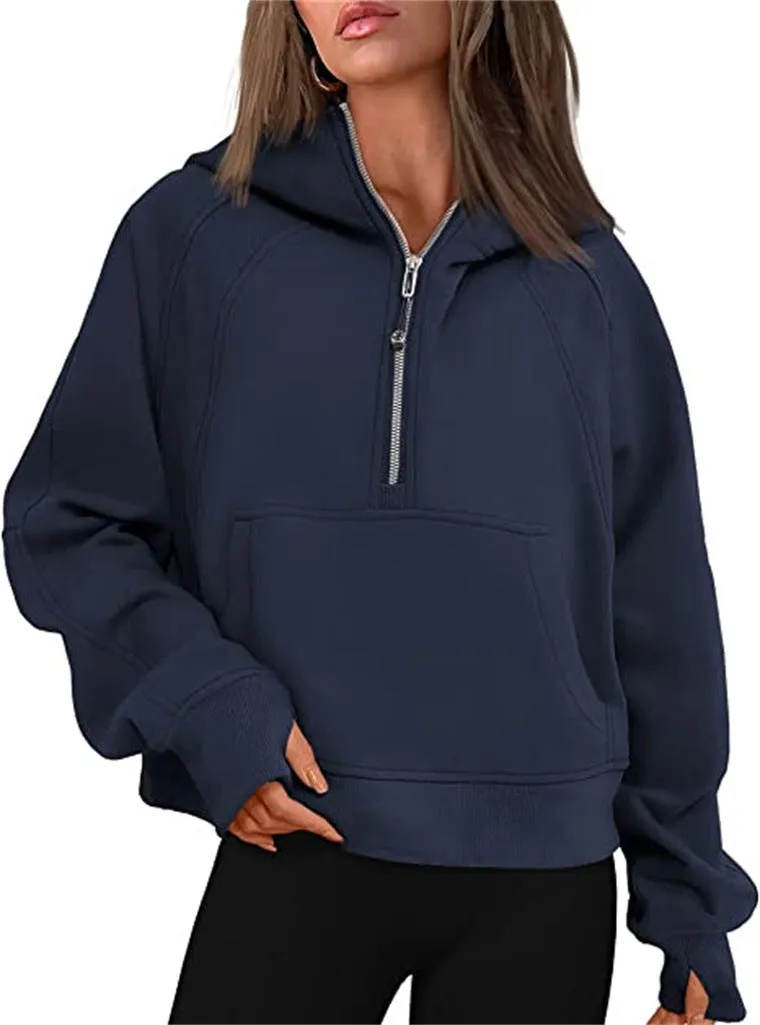 Women's Clothes Sports Half Zipper Hooded Sweatshirt Sweaters