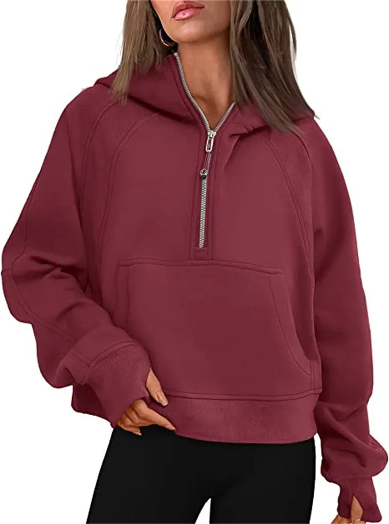 Women's Clothes Sports Half Zipper Hooded Sweatshirt Sweaters