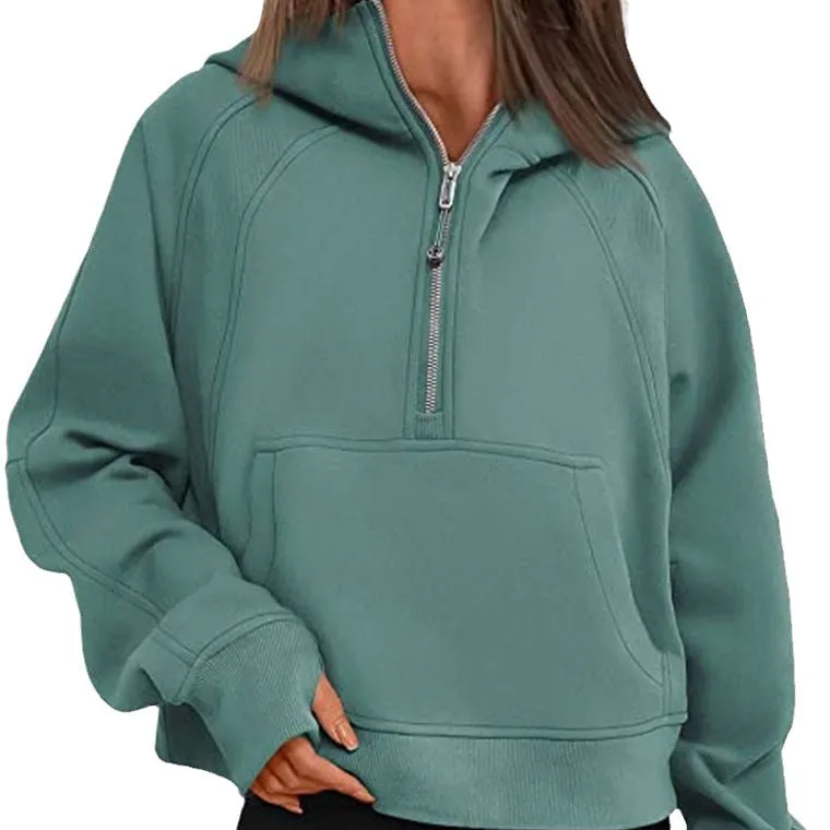 Women's Clothes Sports Half Zipper Hooded Sweatshirt Sweaters