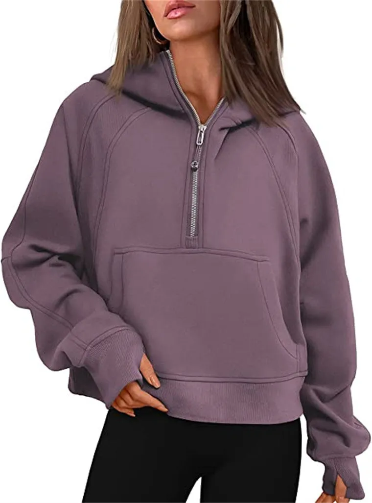 Women's Clothes Sports Half Zipper Hooded Sweatshirt Sweaters