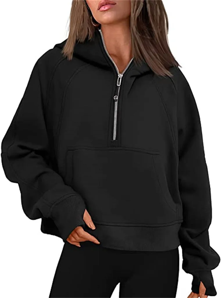 Women's Clothes Sports Half Zipper Hooded Sweatshirt Sweaters