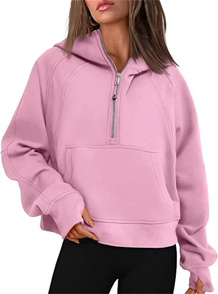 Women's Clothes Sports Half Zipper Hooded Sweatshirt Sweaters