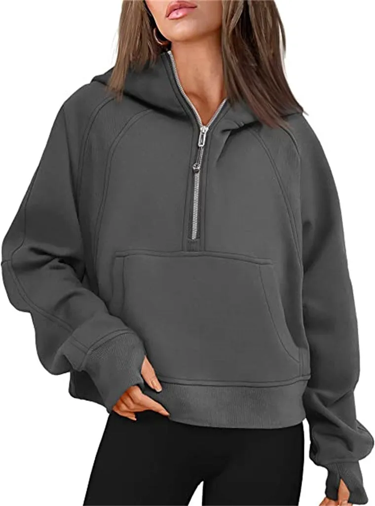 Women's Clothes Sports Half Zipper Hooded Sweatshirt Sweaters