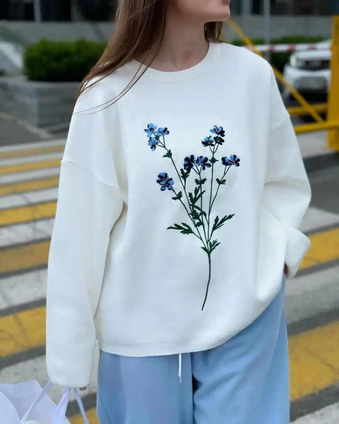 Women's Flower Print Knitted Casual Round Neck Long Sleeve Loose Sweater