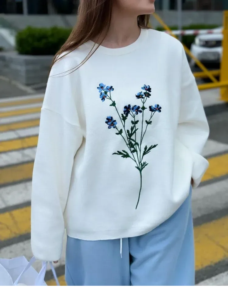 Women's Flower Print Knitted Casual Round Neck Long Sleeve Loose Sweater