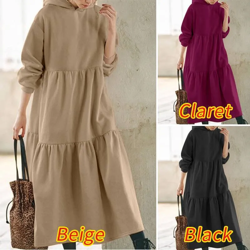 Women's Solid Color Hoodie Long Dress Retro Sweaters