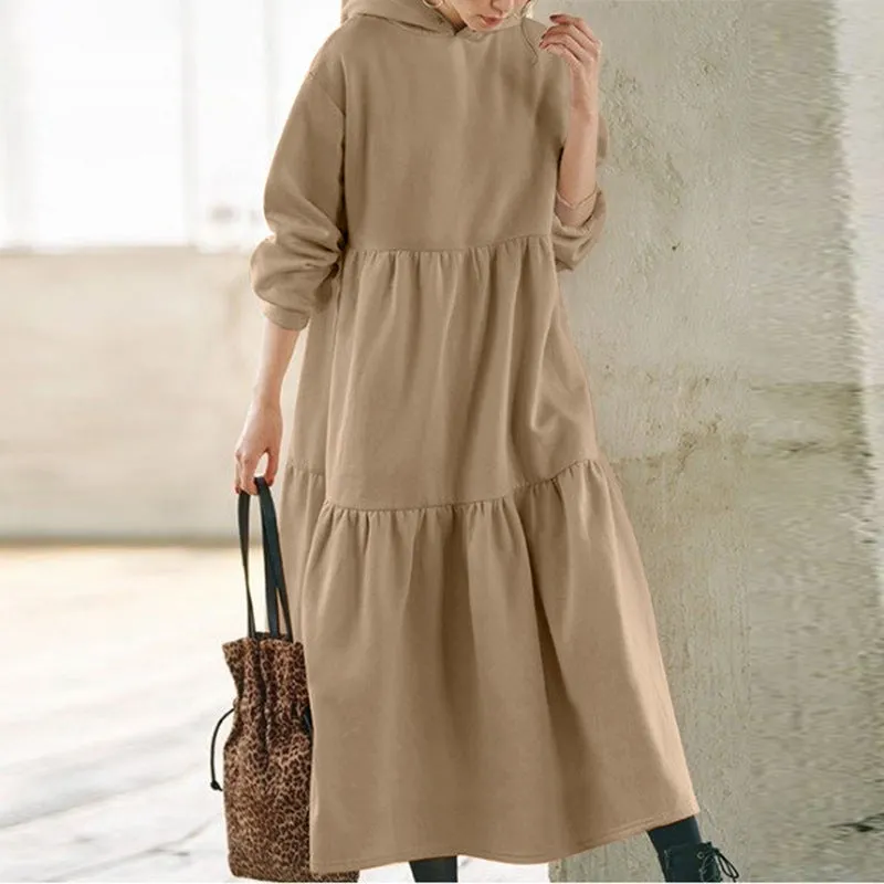 Women's Solid Color Hoodie Long Dress Retro Sweaters