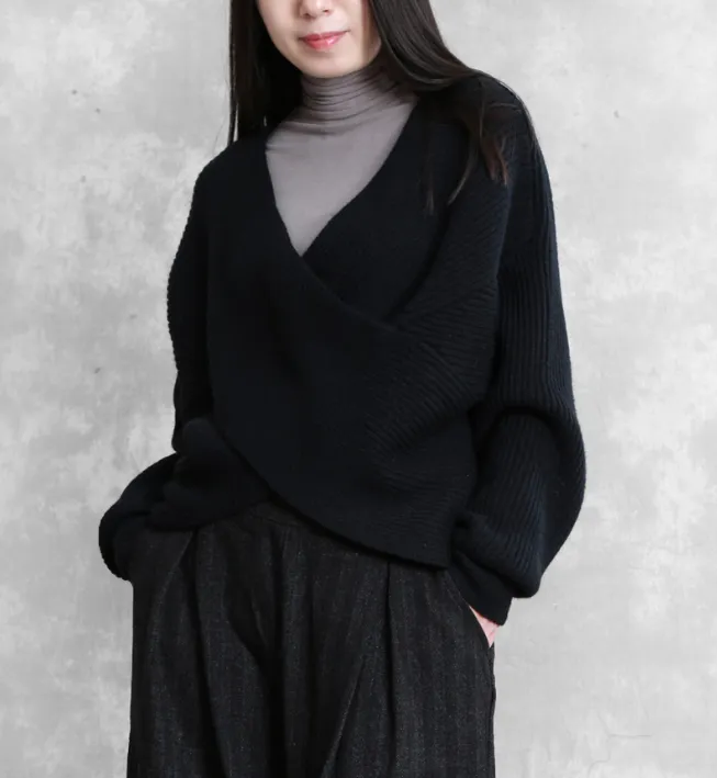 X Style Sleeve loose Style Women Top Woolen Knit Sweater V Neck